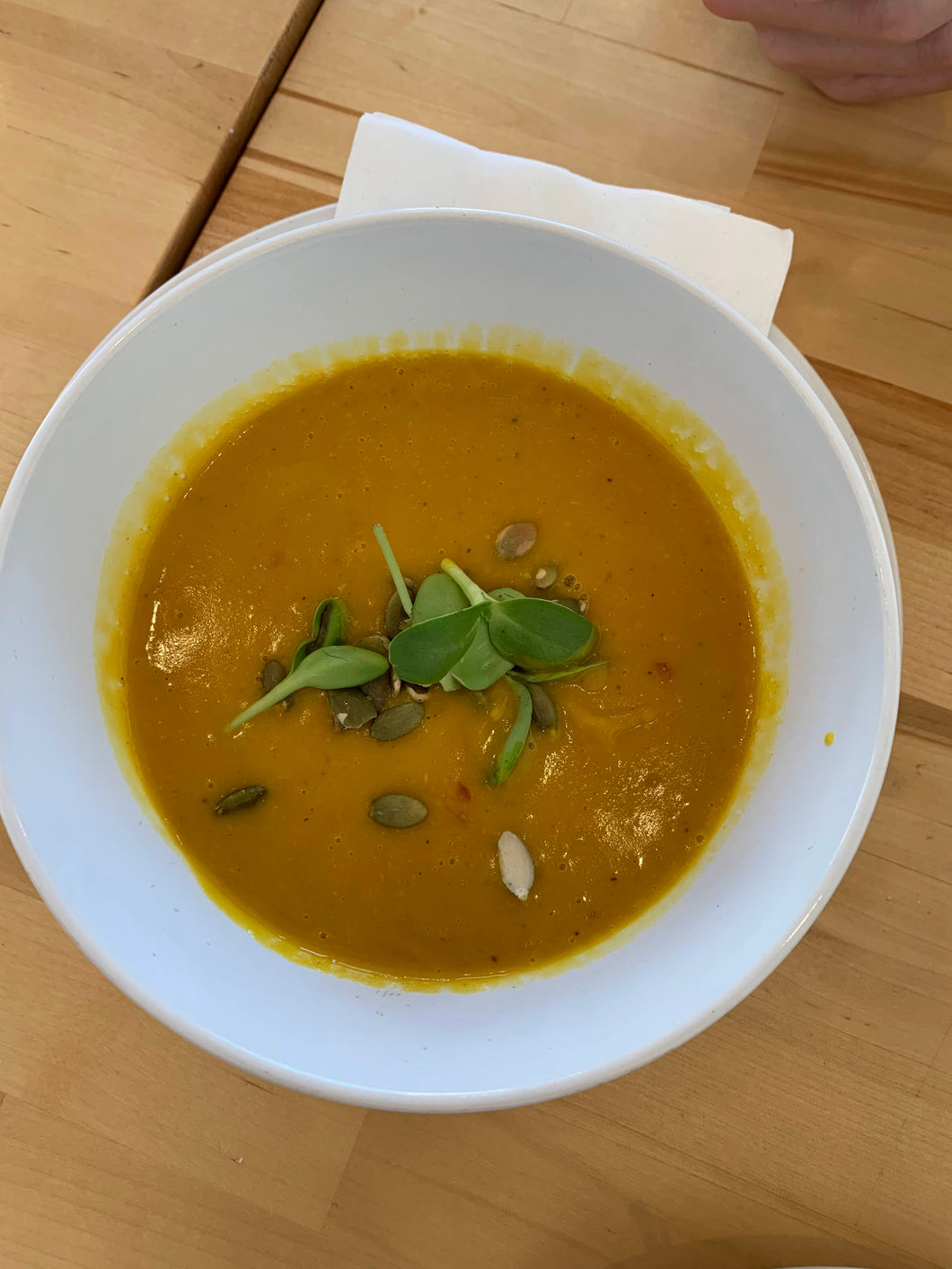 Acorn squash soup in a bowl with sunflower microgreen garnish
